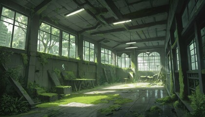 abandoned industrial space with overgrown greenery and broken furniture