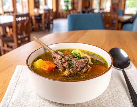 Sopa tradicional de cordero con verduras en un ambiente acogedor