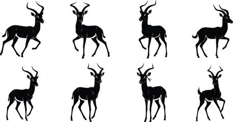 Antelope silhouettes, walking poses, turning stances, curved horns, black design, wildlife vector, graceful anatomy, animal set, nature icon