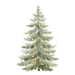 Classic Christmas vintage frosted tree illustration with golden ornaments in traditional festive watercolor style