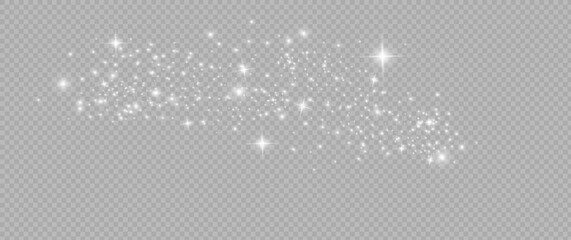 The dust sparks and white stars shine with special light. Vector sparkles on a transparent background. Christmas light effect. © Liza