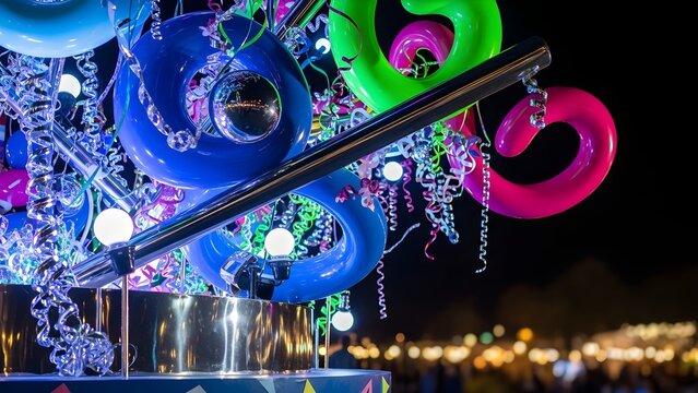 Vibrant abstract display of colorful shapes, lights, and streamers at night