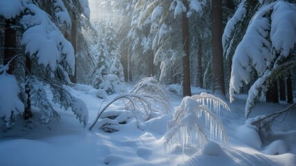 Tranquil winter forest with sunlight on snow and icicles.