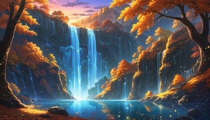 Obraz premium autumn waterfall landscape with colorful foliage and glowing light effects