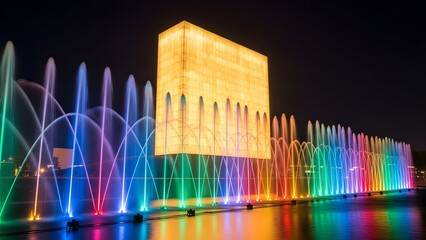 Long exposure of a vibrant rainbow fountain display and illuminated building