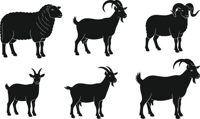 Goat and Sheep Silhouette Set, Farm Livestock Animals Collection, Black Vector Illustration Icons for Agriculture, Rural Farming Design Projects