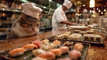 A curious cat with a chef hat watches intently as chefs prepare sushi and other dishes in a vibrant restaurant kitchen. The atmosphere is lively as customers enjoy their meals.