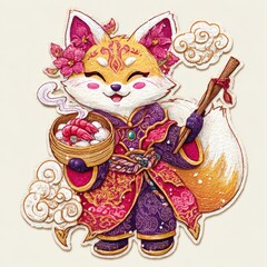Colorful fox spirit character in traditional attire serves steaming food at a scenic location