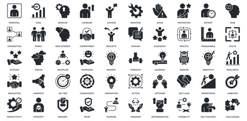 Personal Goal icon set. Containing personal, goal, develop, increase, achieve, new interest, commitment, realistic icon. Glyph style