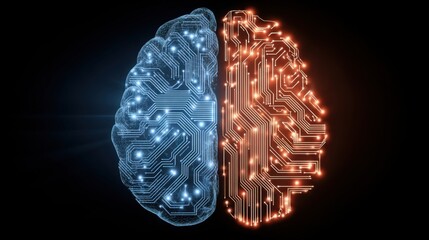 A futuristic depiction of a brain split into two halves, one resembling human cognition with cool blue lights and the other featuring warm orange circuitry to signify artificial intelligence.
