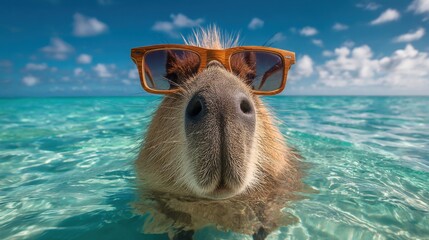 A capybara floats in bright blue water, wearing wooden-framed sunglasses and looking relaxed under a sunny sky with scattered clouds. The tropical setting enhances its carefree vibe.