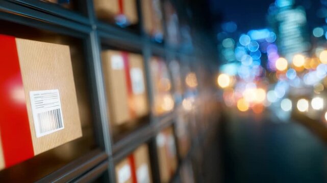 Warehouse Efficiency: A close-up showcases a warehouse with rows of organized packages, some wrapped with red ribbon, against the blurred backdrop of a city's night lights.