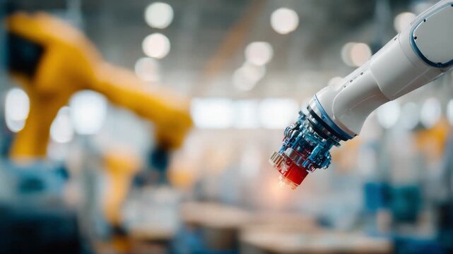 Robotic Precision: A close-up shot of an industrial robotic arm performing a task, highlighting the automation and advanced technology in a modern manufacturing setting.