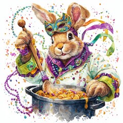 Bunny chef prepares festive dish in colorful attire during a festive celebration