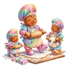 Three cheerful bears baking together in colorful aprons and hats during a festive kitchen scene