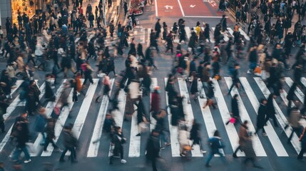 A large group of pedestrians navigates a marked crosswalk in a vibrant city during evening rush hour, creating a dynamic atmosphere of movement and energy.