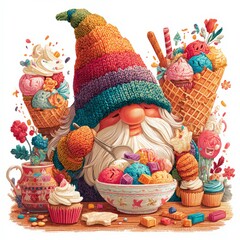 Colorful gnome enjoying ice cream and sweets in a cheerful setting with vibrant desserts and decorations