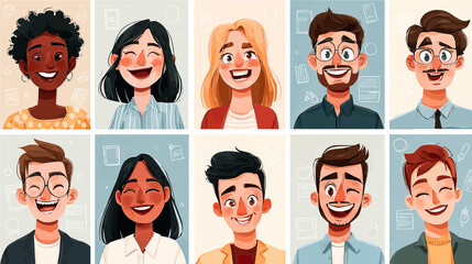 A vibrant collage displays ten individuals with bright smiles, expressing joy and connection. Their styles and backgrounds vary, celebrating diversity and the power of happiness in everyday life.