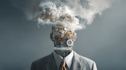 A surreal figure wearing a suit has a head composed of gears and clouds, symbolizing the complexity of thoughts and creativity. The atmosphere suggests innovation and imagination.