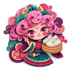 Colorful anime character with pink hair holding dumplings in a vibrant setting during a festival