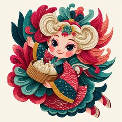 Young girl in traditional dress presenting steamed buns surrounded by colorful floral patterns