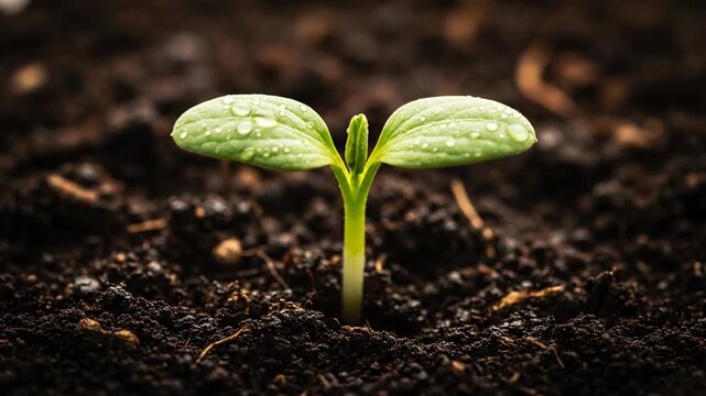 A small green seedling representing a new life concept emerges from the soil as a young sprout to symbolize growth and nature in this isolated spring development