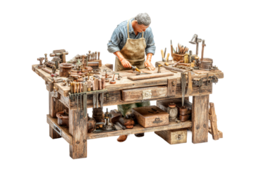 Senior setting up handmade goods in small shop isolated on transparent background