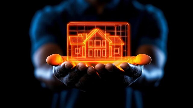 Futuristic hologram house digital real estate virtual home smart property neon glow future technology augmented reality cyber security innovation