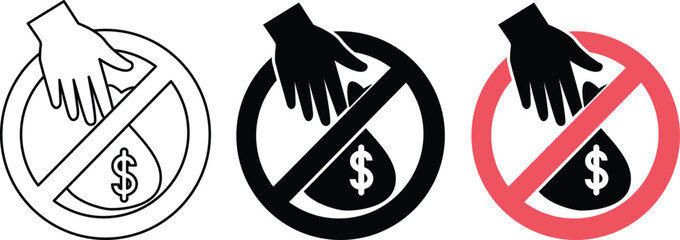 No stealing sign showing a hand grabbing a sack of money with a dollar symbol n various styles including line art silhouette and color 