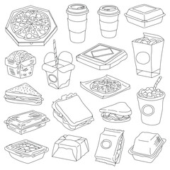 Sketch of various food packaging isolated on transparent background