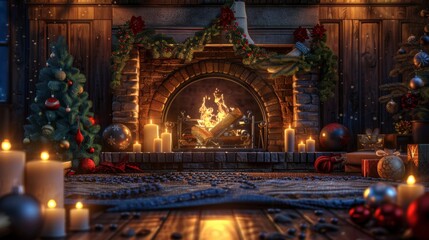 Fototapeta premium A cozy Christmas living room with a glowing fireplace, candles, and festive decorations creating a warm holiday atmosphere.