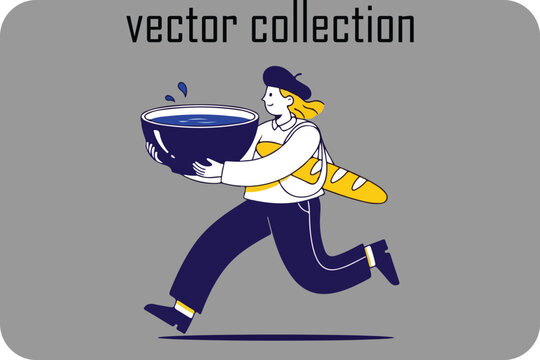 A stylized vector illustration of a person in a beret running with a large bowl of soup and a baguette representing food delivery or a culinary theme
