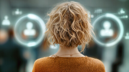 Modern businesswoman analyzing data on holographic dashboard in open office environment focusing on efficient freelance talent acquisition and workforce solution strategy