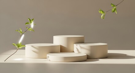 Minimalist product display beige geometric podiums with green twigs and natural light