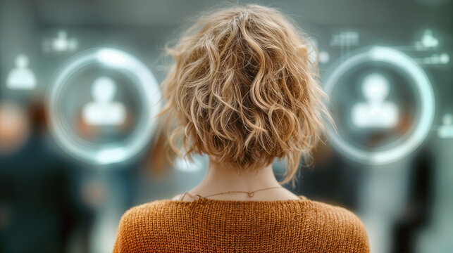 Modern businesswoman analyzing data on holographic dashboard in open office environment focusing on efficient freelance talent acquisition and workforce solution strategy