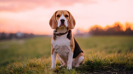 Gentle beagle portrait bathed in sunset light a charming pet photo evoking warmth and peaceful companionship
