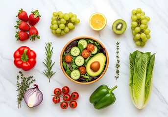 Healthy eating flat lay with salad and fresh fruits and vegetables