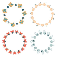 Set of four Simple Frames with pirate sea theme including maps, crabs, jellyfish and stingrays, playful marine collection perfect for kids adventure designs and nautical decor projects.