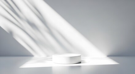 Minimalist product display white cube platform bathed in bright sunlight and shadow play