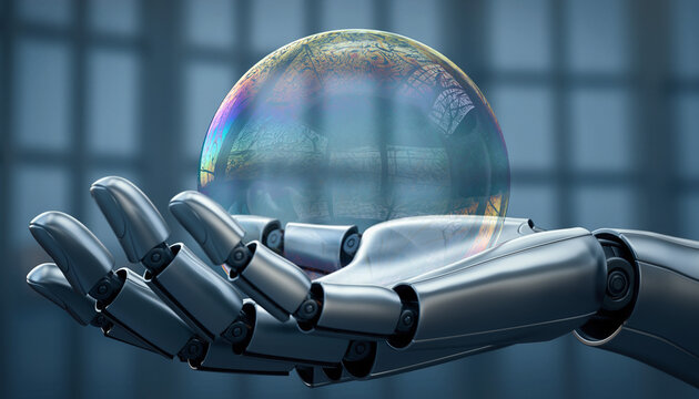 Cybernetic Sphere: A metallic hand delicately cradles a shimmering, iridescent bubble, suggesting concepts of innovation, fragility, and the intersection of technology and nature.