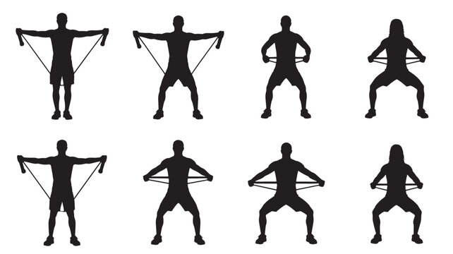 Resistance band exercise silhouettes vector illustrations of man and woman workout routines isolated on white background