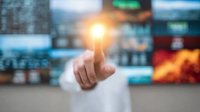Finger Touch Point of Innovation: A close-up shot captures the precise moment a finger touches a glowing point, against a backdrop of complex data visualizations, symbolizing the spark of innovation.