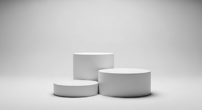Minimalist white cylindrical product display pedestals on a clean background for mockups