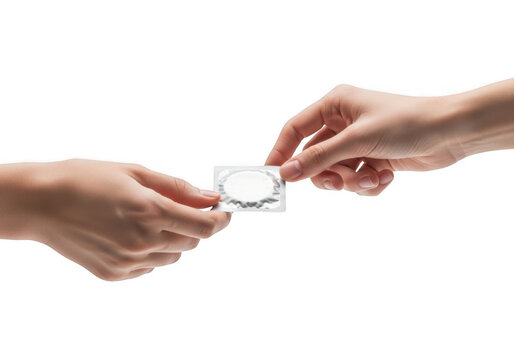 Two hands exchanging a single packaged condom, emphasizing sexual health and safe sex practices.