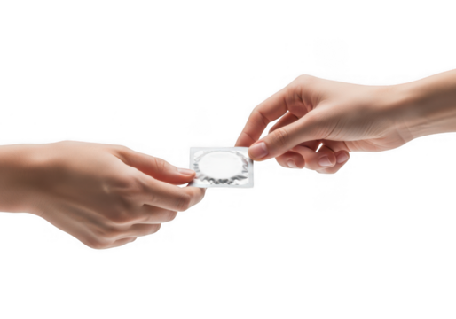 Two hands exchanging a single packaged condom, emphasizing sexual health and safe sex practices.