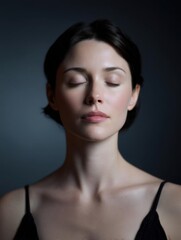 Fototapeta premium Portrait of a young woman with her eyes closed and her head tilted slightly to the side. she has dark hair styled in a sleek updo and is wearing a black tank top.