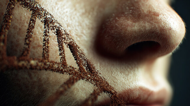 Close-up of a human face with a DNA strand design etched in brown. The skin appears textured and detailed, emphasizing genetic themes.