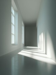 Obraz premium Empty room with white walls and floor. the room has two large windows on the left side, allowing natural light to enter the space. the windows are large and let in plenty of natural light.