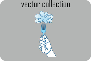 A delicate line drawing of a hand holding a single stylized flower with soft blue petals and a thin stem against a muted gray background representing a vector art collection