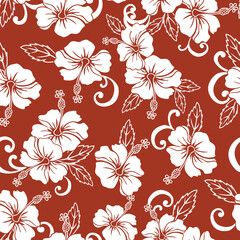 Seamless small hibiscus pattern. Repeating vector illustration with white tropical flower and leaf silhouettes on an orange background. Apparel textile print.